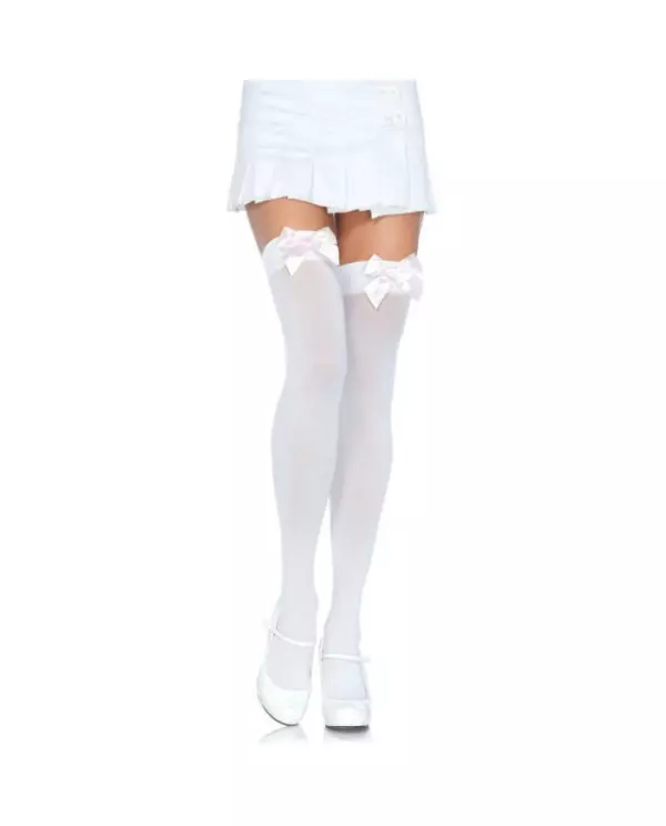 LEG AVENUE MEDIAS NYLON BLANCO Y LAZO ROSA