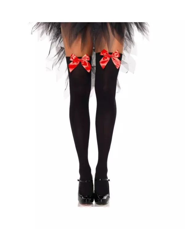 LEG AVENUE MEDIAS ALTAS NEGRAS CON LACITO ROJO TALLA UNICA