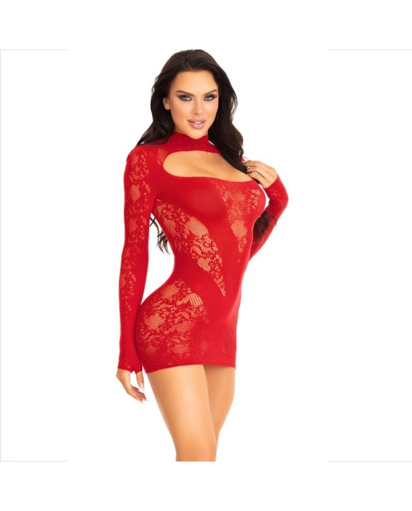 LEG AVENUE MINI VESTIDO DE ENCAJE CON MANGA LARGA ROJO